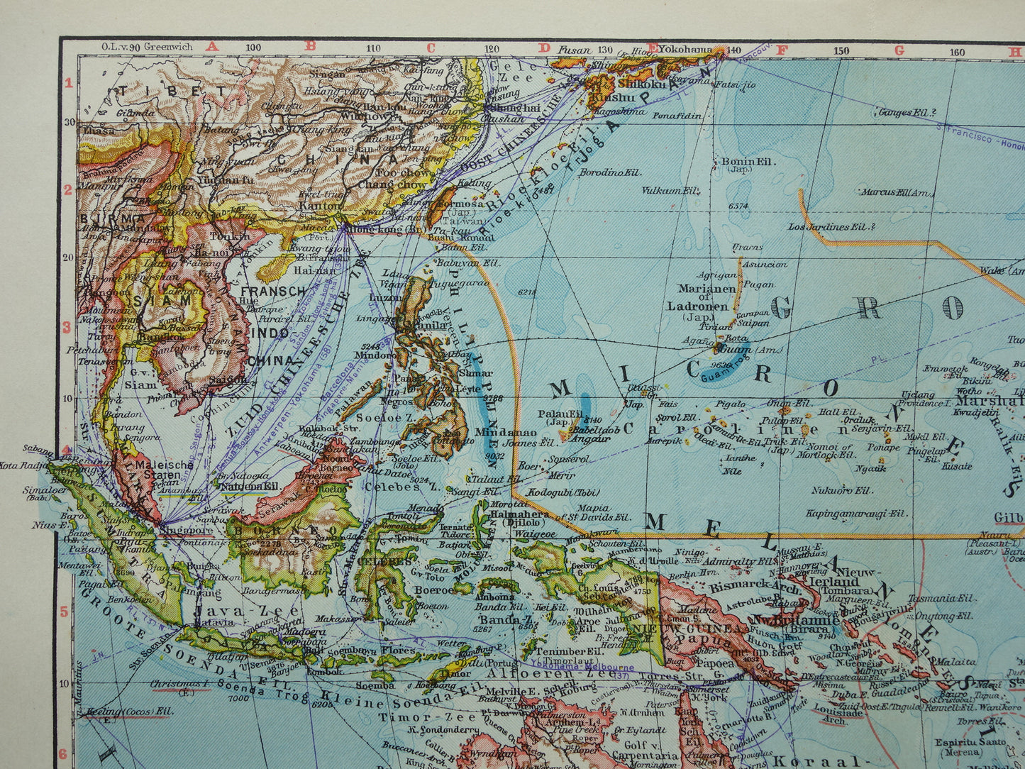 Oude Nederlandse kaart van Oceanië uit 1936 originele vintage landkaart