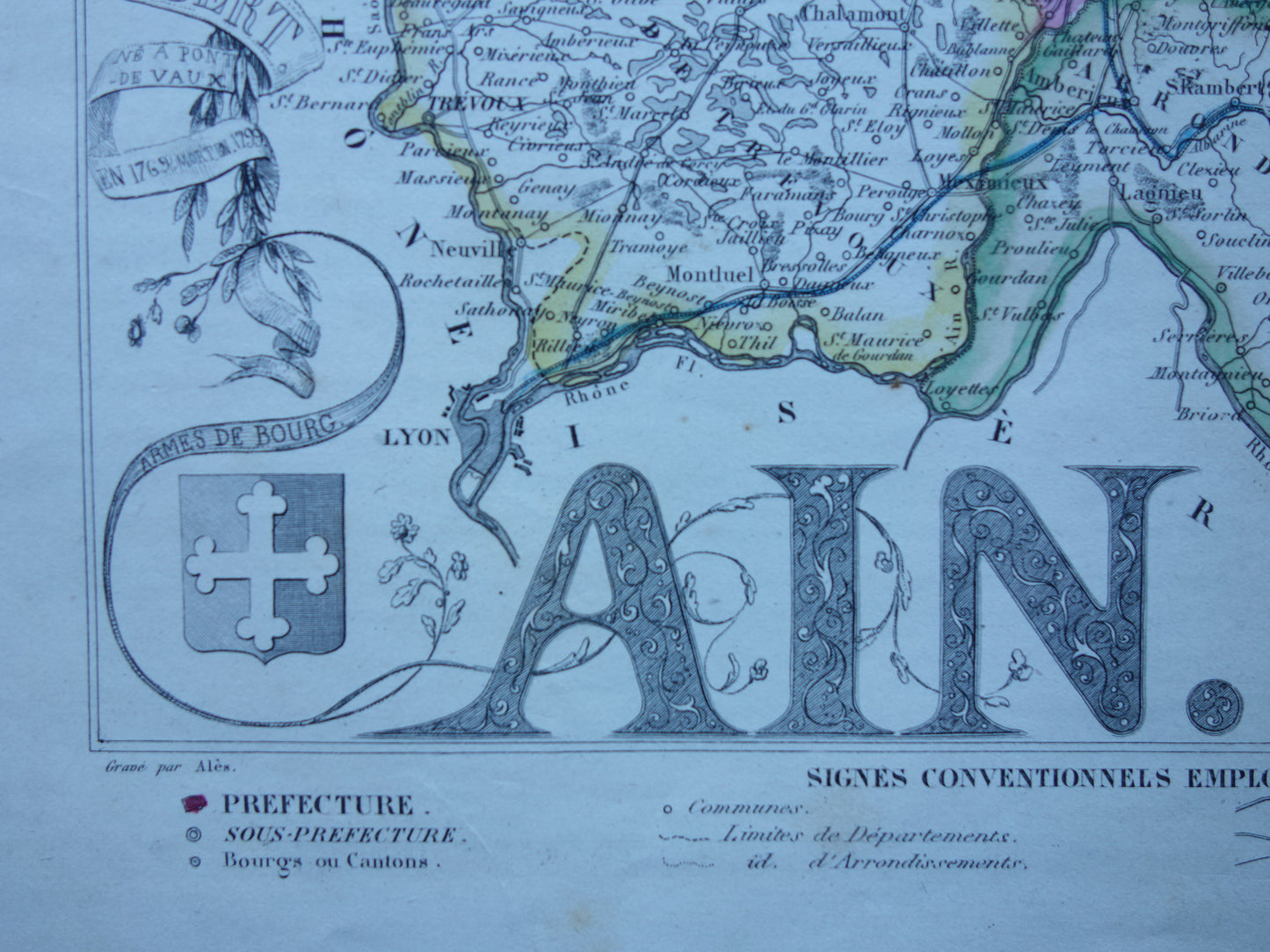 Oude kaart van AIN departement in Frankrijk uit 1856 originele antieke handgekleurde landkaart Bourg Belley Nantua Trevoux