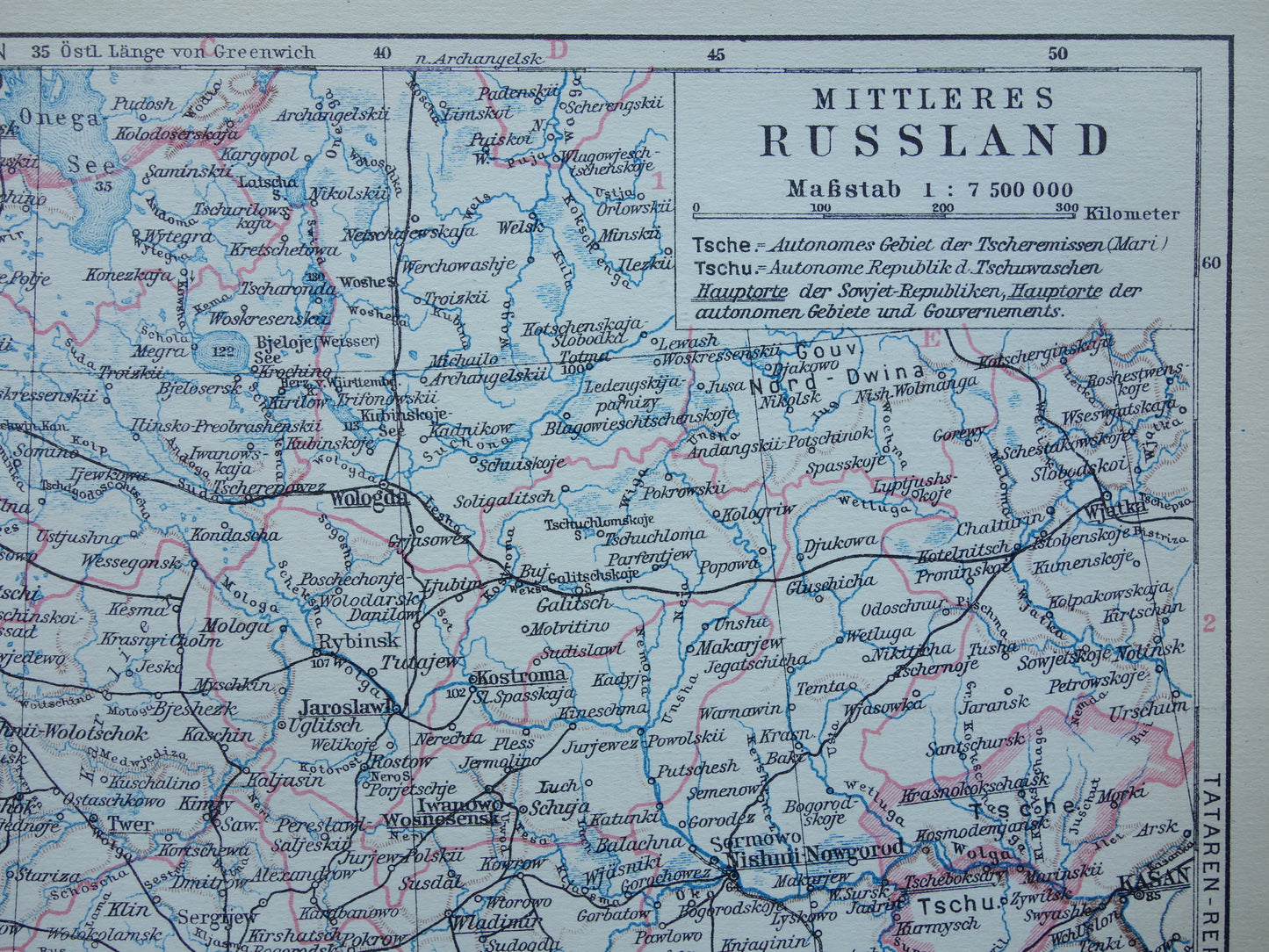 Alte Landkarte von Zentralrussland aus dem Jahr 1928 Vintage-Karte