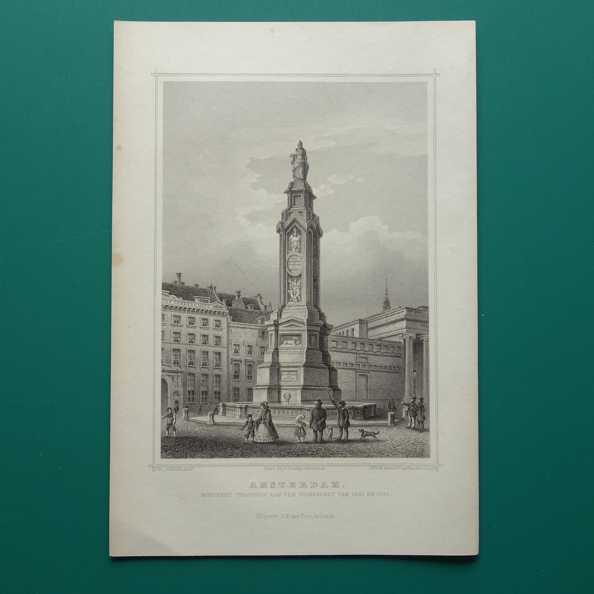 Amsterdam Naatje op de Dam oude prent uit 1858 Originele antieke gravure illustratie Terwen Koningrijk der Nederlanden Amsterdam Monument toegewijd aan den volksgeest van 1830 en 1831