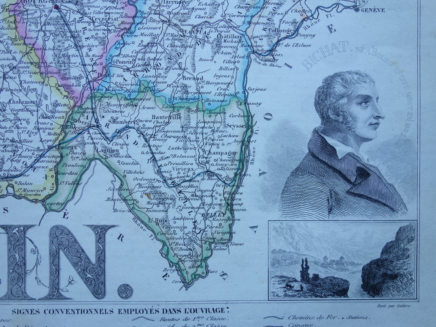 Oude kaart van AIN departement in Frankrijk uit 1856 originele antieke handgekleurde landkaart Bourg Belley Nantua Trevoux
