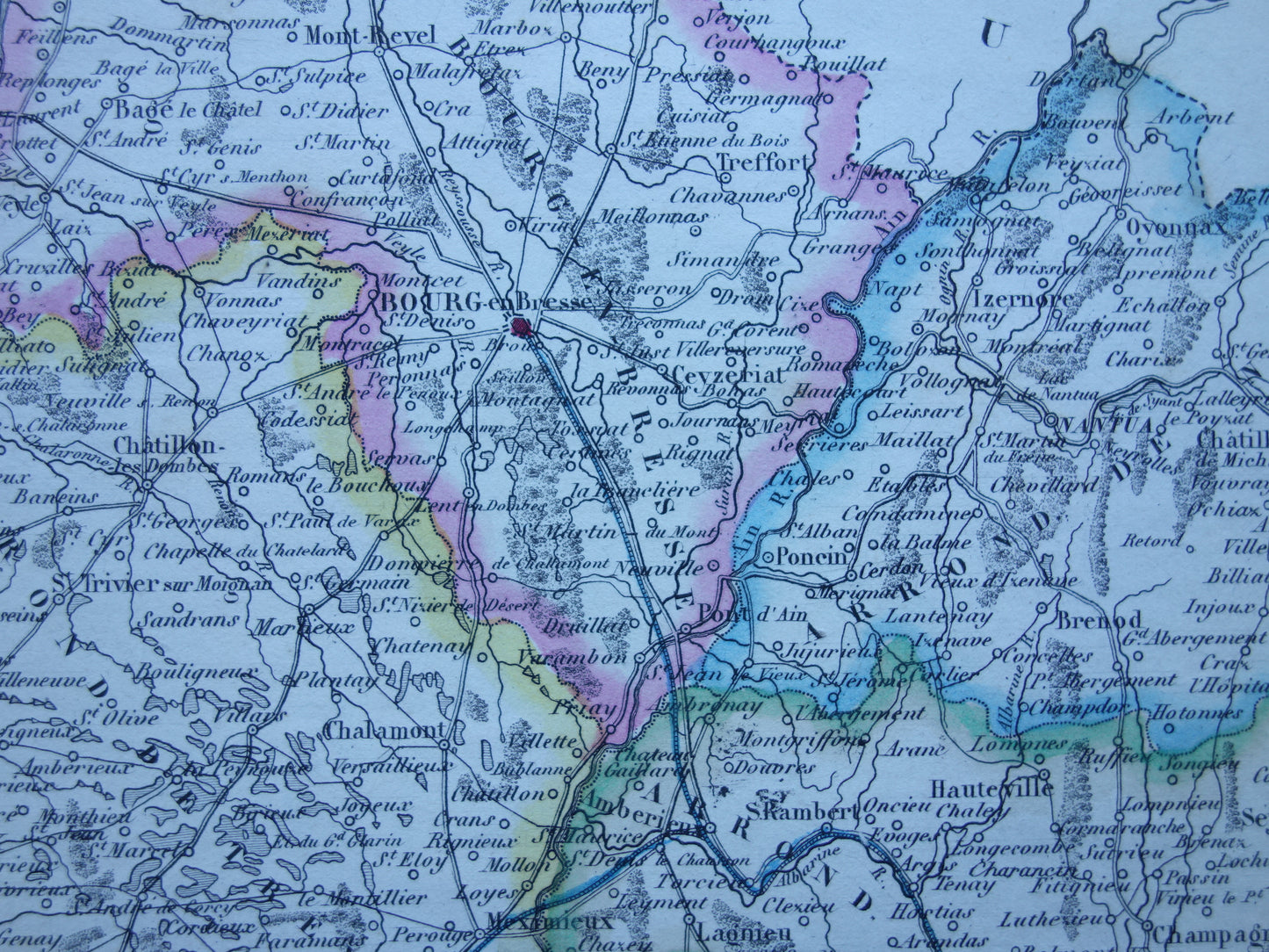 Oude kaart van AIN departement in Frankrijk uit 1856 originele antieke handgekleurde landkaart Bourg Belley Nantua Trevoux