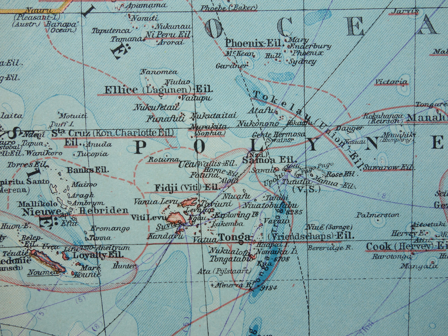 Oude Nederlandse kaart van Oceanië uit 1936 originele vintage landkaart