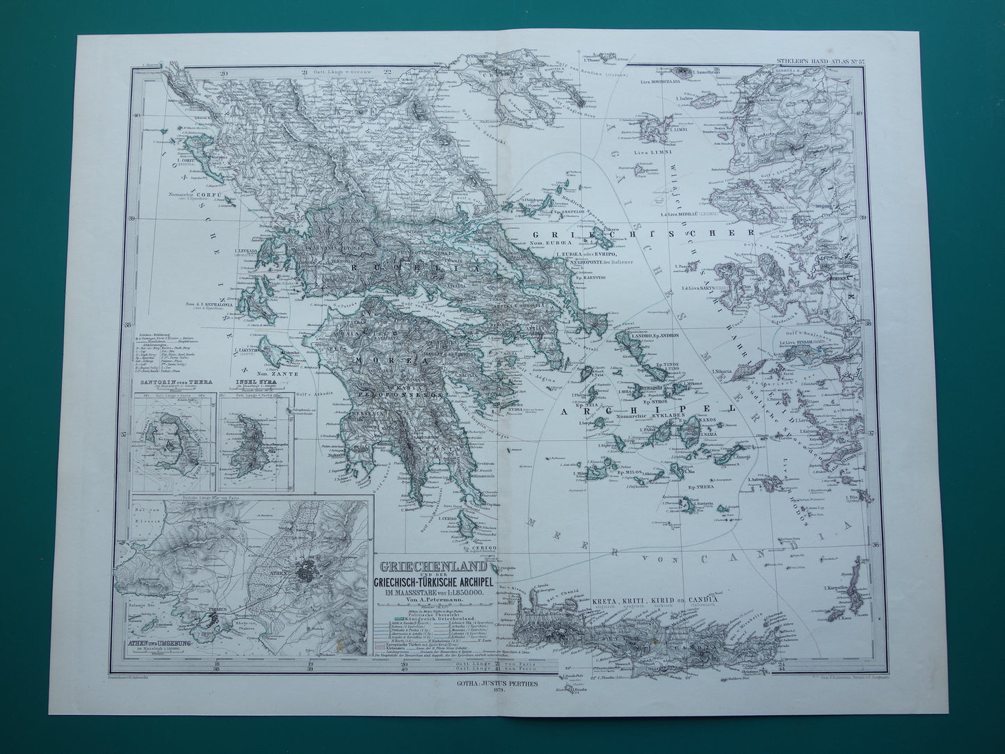 145+ jaar oude landkaart van Griekenland originele antieke kaart uit 1879 vintage kaarten Athene Piraeus