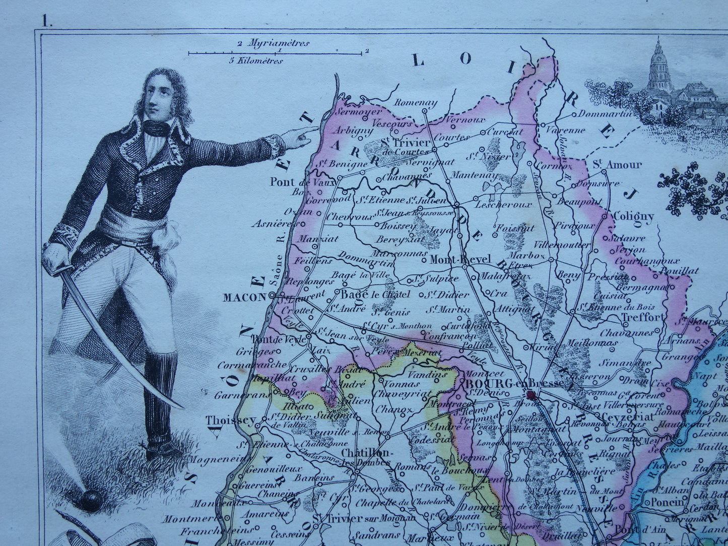 Oude kaart van AIN departement in Frankrijk uit 1856 originele antieke handgekleurde landkaart Bourg Belley Nantua Trevoux