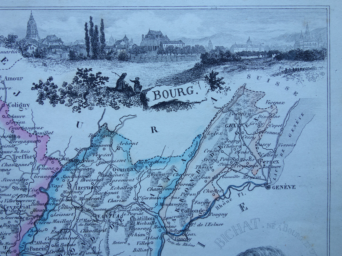 Oude kaart van AIN departement in Frankrijk uit 1856 originele antieke handgekleurde landkaart Bourg Belley Nantua Trevoux