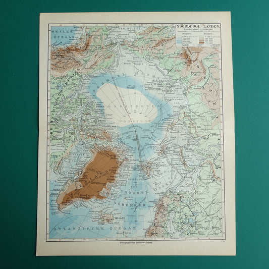 NOORDPOOL oude kaart van het Noordpoolgebied 1936 originele vintage Nederlandse landkaart van de Arctische regio Groenland