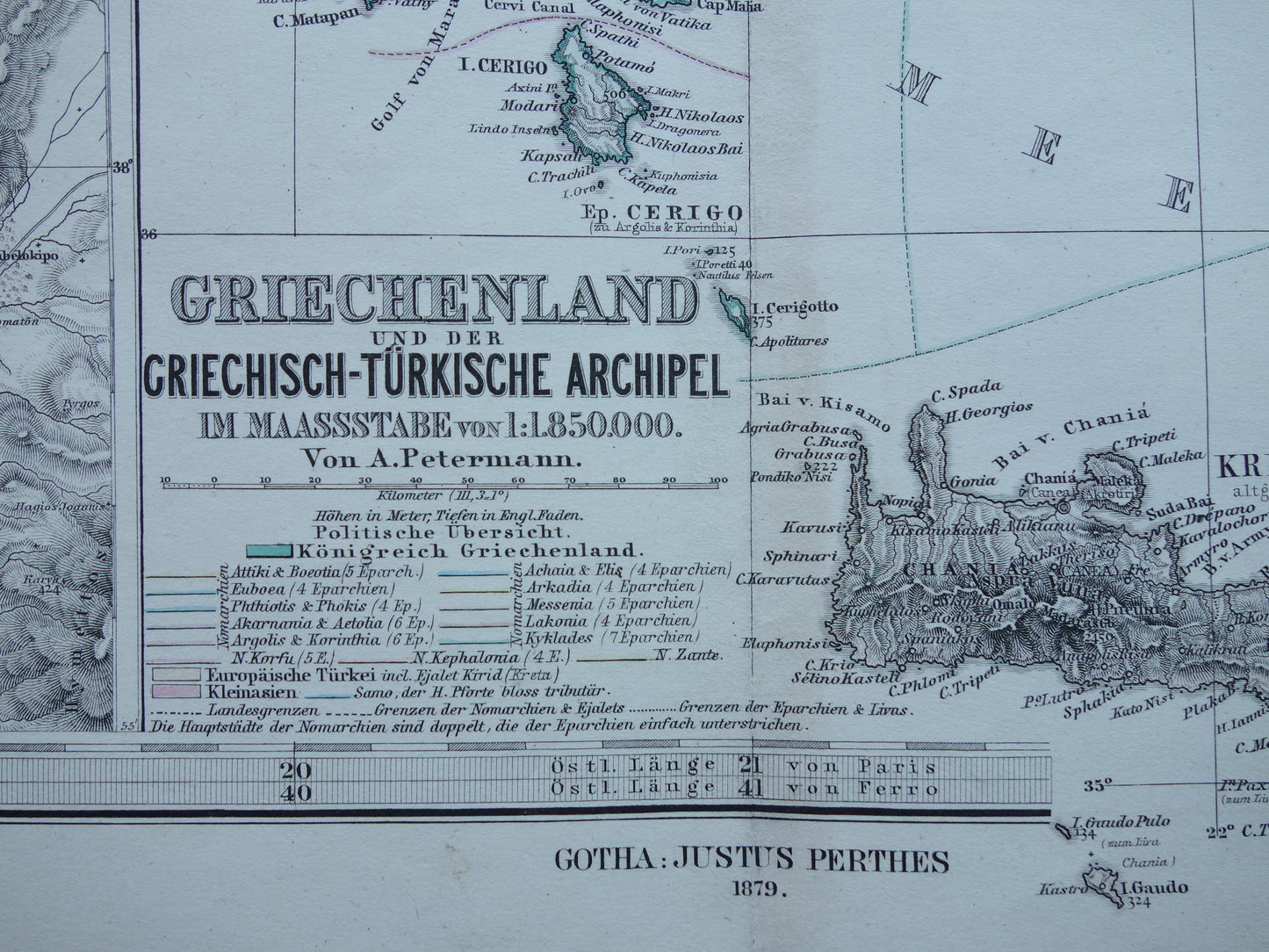 145+ jaar oude landkaart van Griekenland originele antieke kaart uit 1879 vintage kaarten Athene Piraeus