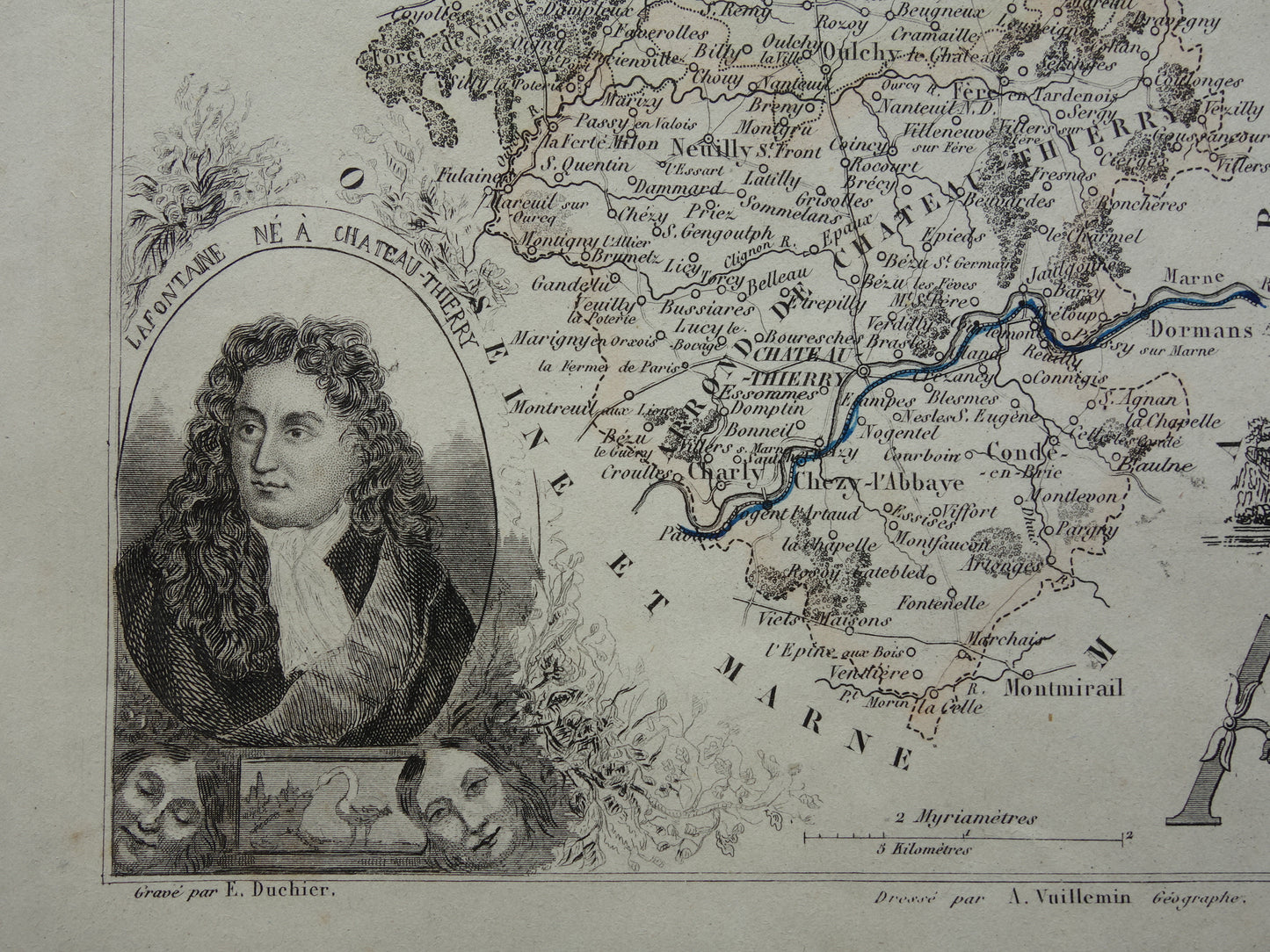 Oude kaart AISNE departement Frankrijk uit 1856 originele antieke handgekleurde landkaart Laon Soissons Saint-Quentin