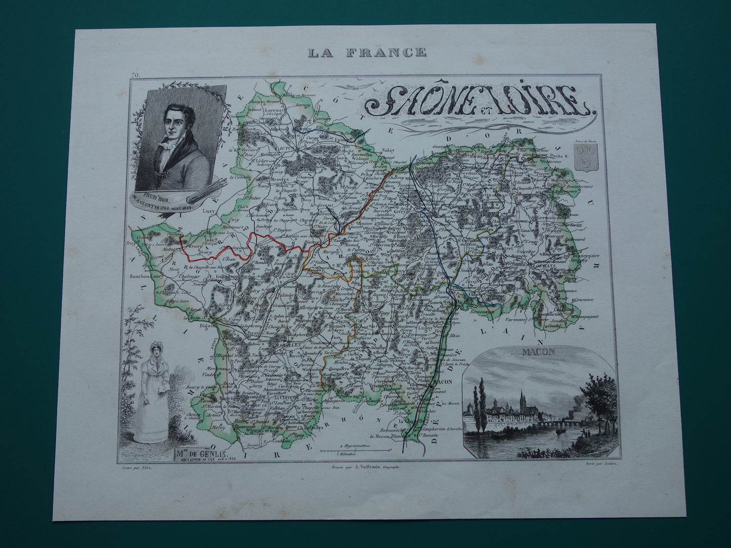 Antieke kaart van Saône-et-Loire departement in Frankrijk uit 1851 originele oude handgekleurde landkaart Mâcon