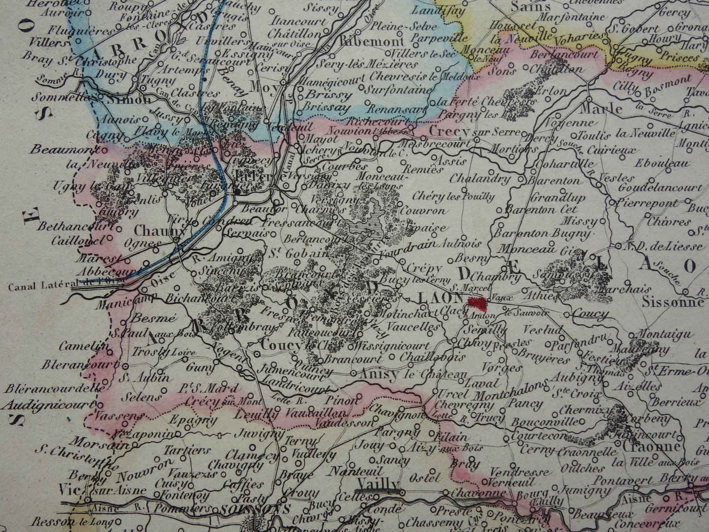 Oude kaart AISNE departement Frankrijk uit 1856 originele antieke handgekleurde landkaart Laon Soissons Saint-Quentin