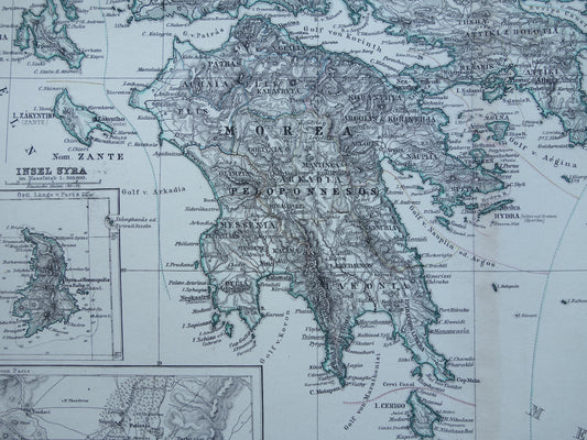 145+ jaar oude landkaart van Griekenland originele antieke kaart uit 1879 vintage kaarten Athene Piraeus