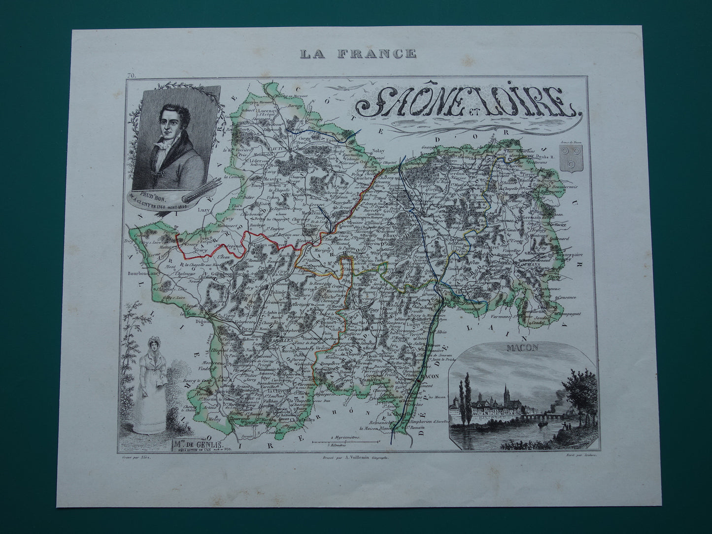 Antieke kaart van Saône-et-Loire departement in Frankrijk uit 1851 originele oude handgekleurde landkaart Mâcon