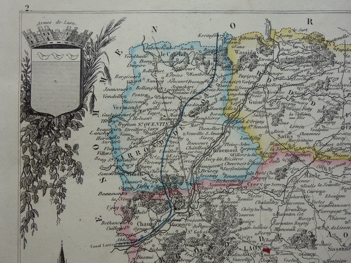 Oude kaart AISNE departement Frankrijk uit 1856 originele antieke handgekleurde landkaart Laon Soissons Saint-Quentin