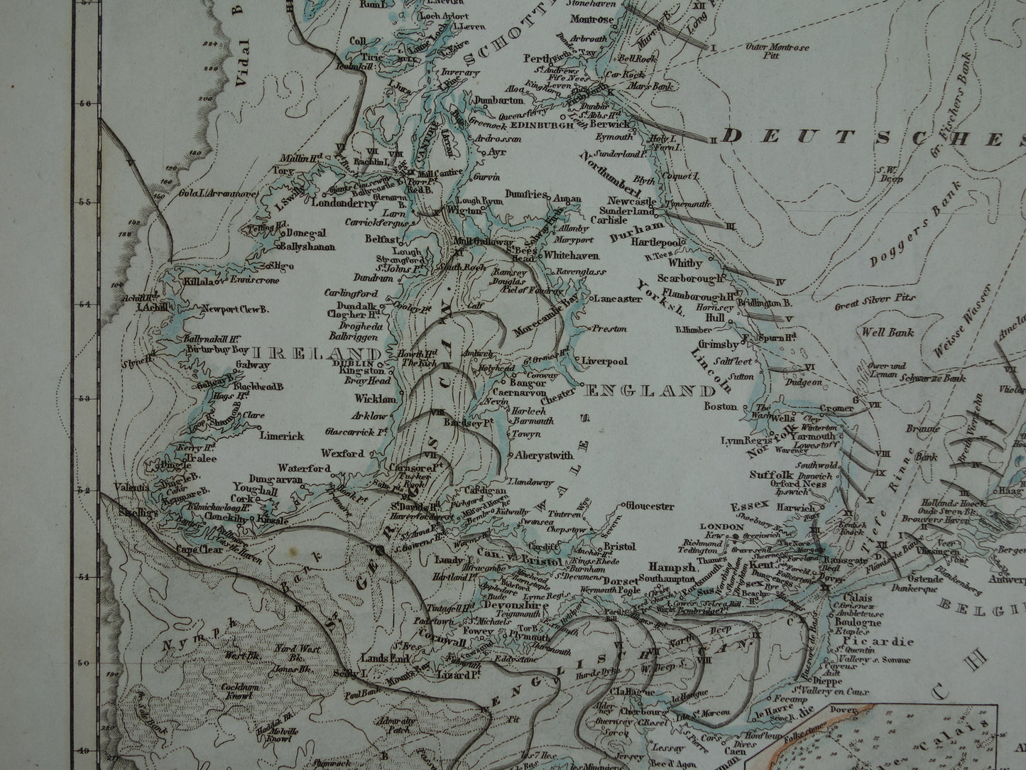 NOORDZEE vintage kaart 1850 Originele 170+ jaar oude antieke Duitse landkaart zeekaart Kanaal Noordzee