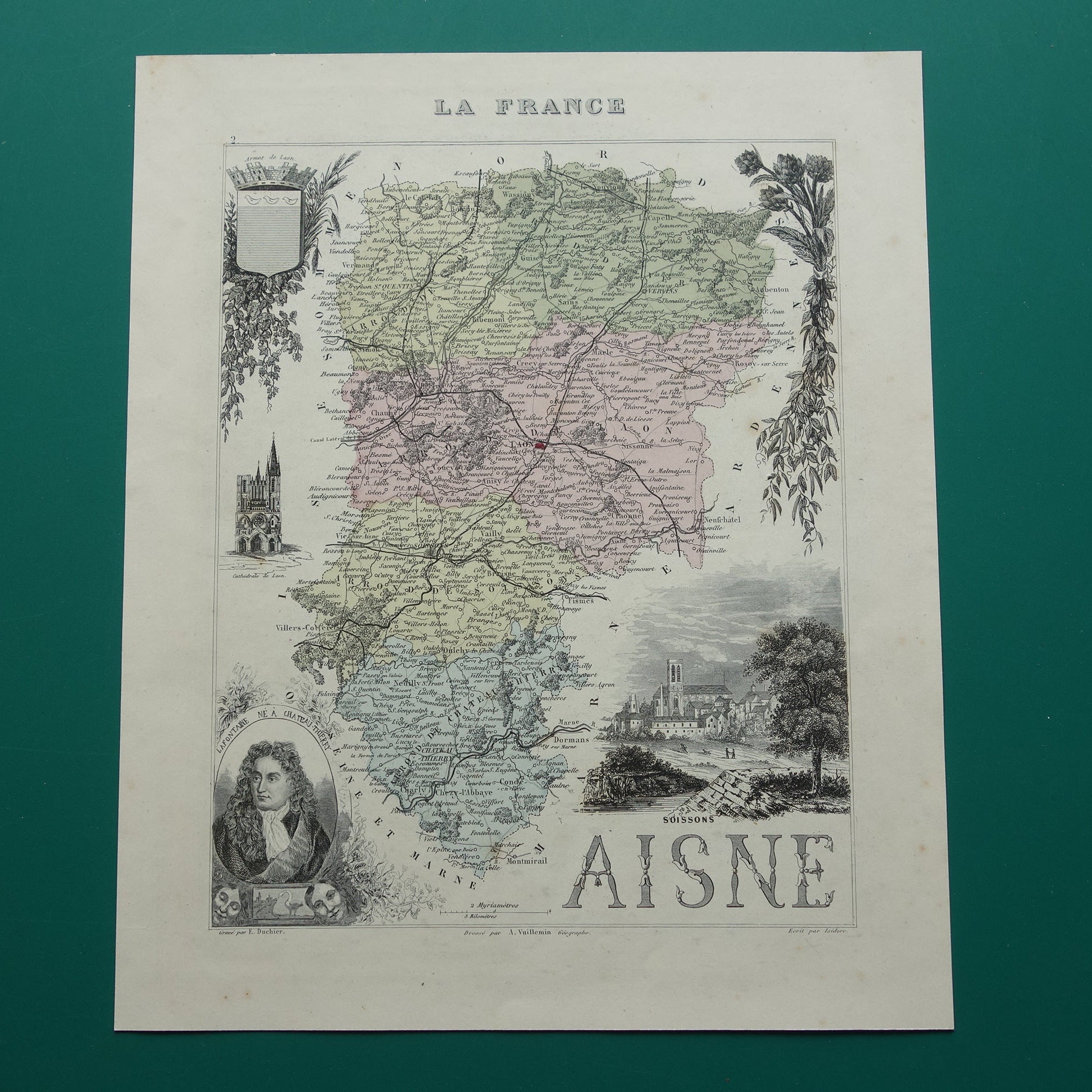 Oude kaart AISNE departement Frankrijk uit 1870 originele antieke handgekleurde landkaart Laon Soissons Saint-Quentin