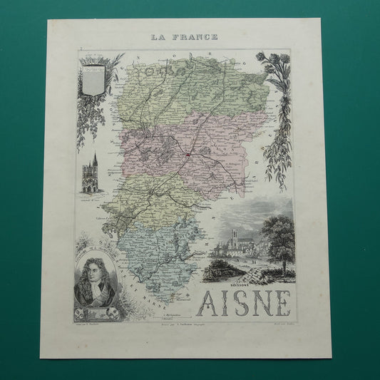 Oude kaart AISNE departement Frankrijk uit 1870 originele antieke handgekleurde landkaart Laon Soissons Saint-Quentin