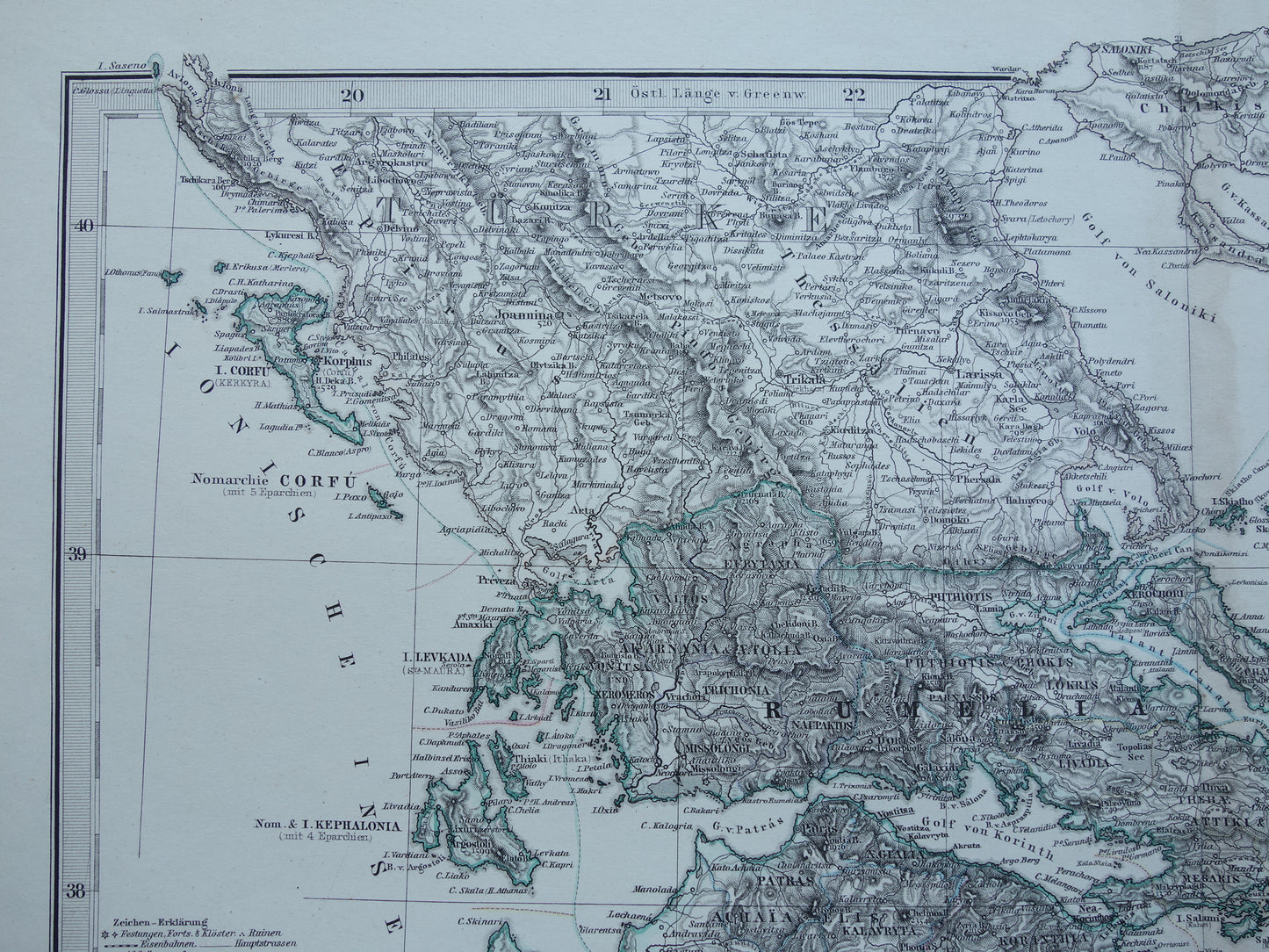 145+ jaar oude landkaart van Griekenland originele antieke kaart uit 1879 vintage kaarten Athene Piraeus