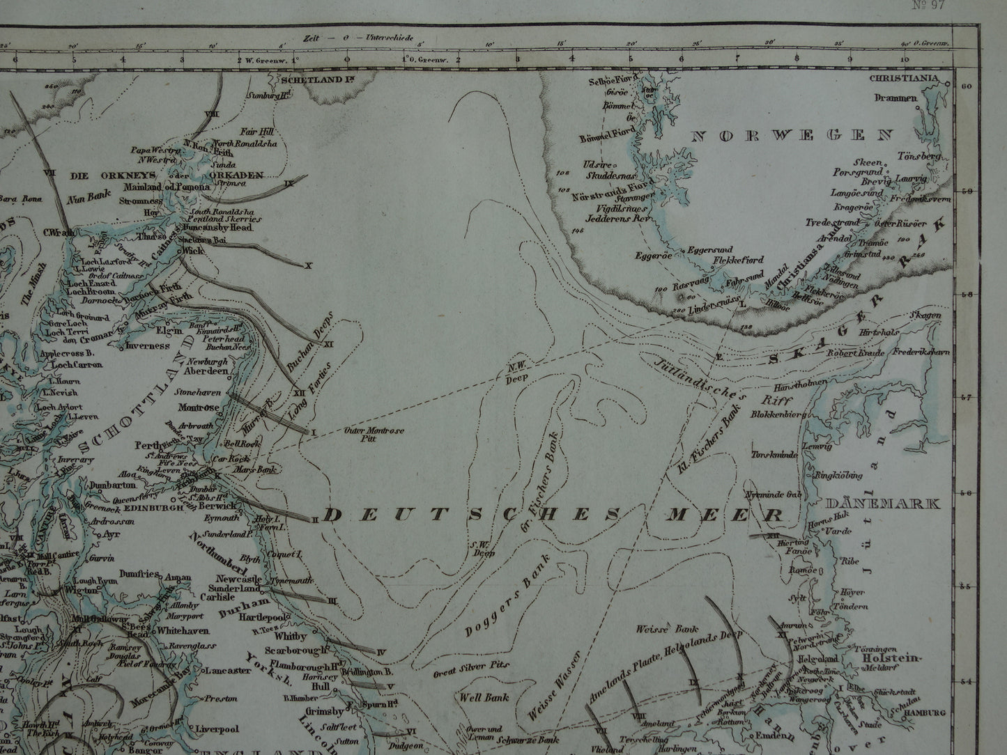 NOORDZEE vintage kaart 1850 Originele 170+ jaar oude antieke Duitse landkaart zeekaart Kanaal Noordzee