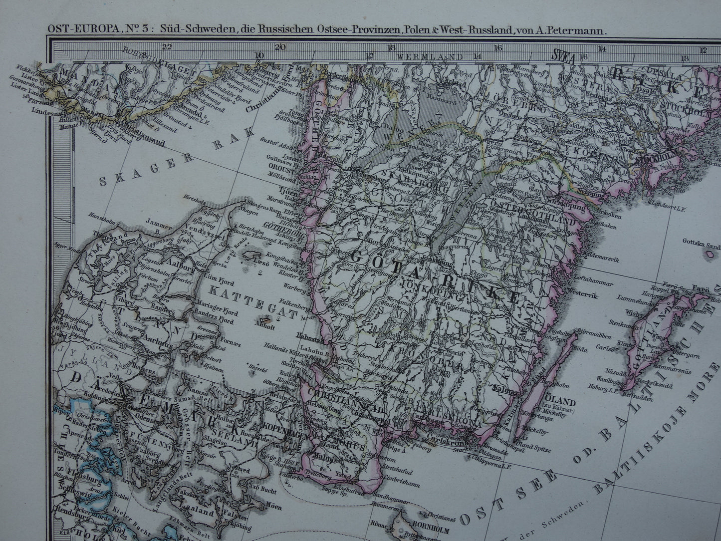 OOSTZEE oude kaart van Baltische Staten Polen in 1876 originele antieke landkaart Estland Letland Litouwen vintage poster