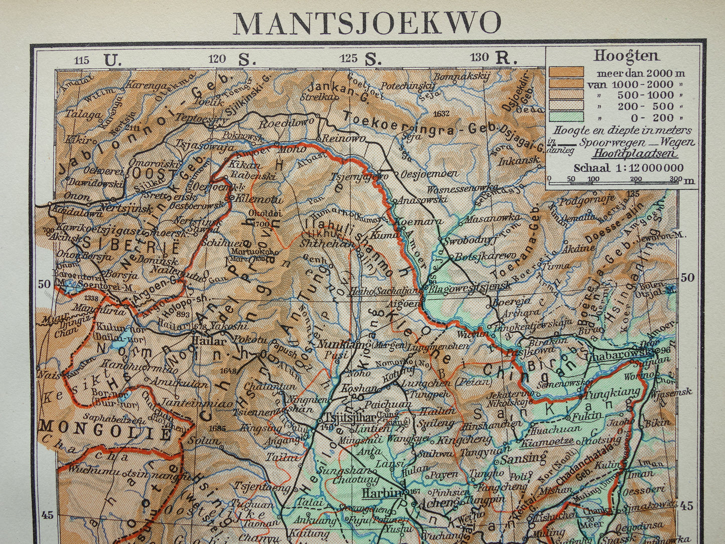 Mantsjoekwo Oude kaart van Mantsjoerije Korea China uit 1936 Originele vintage Nederlandse kaart van Mandsjoekwo