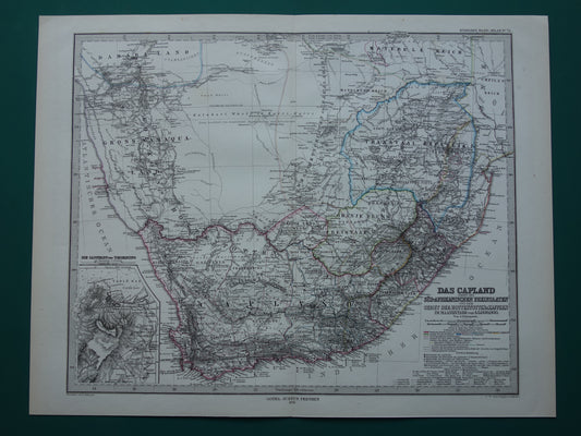 Oude landkaart van Zuid-Afrika in 1878 Grote originele 145+ jaar antieke kaart van Oranje Vrijstaat Namibië Botswana Kaapland Transvaal