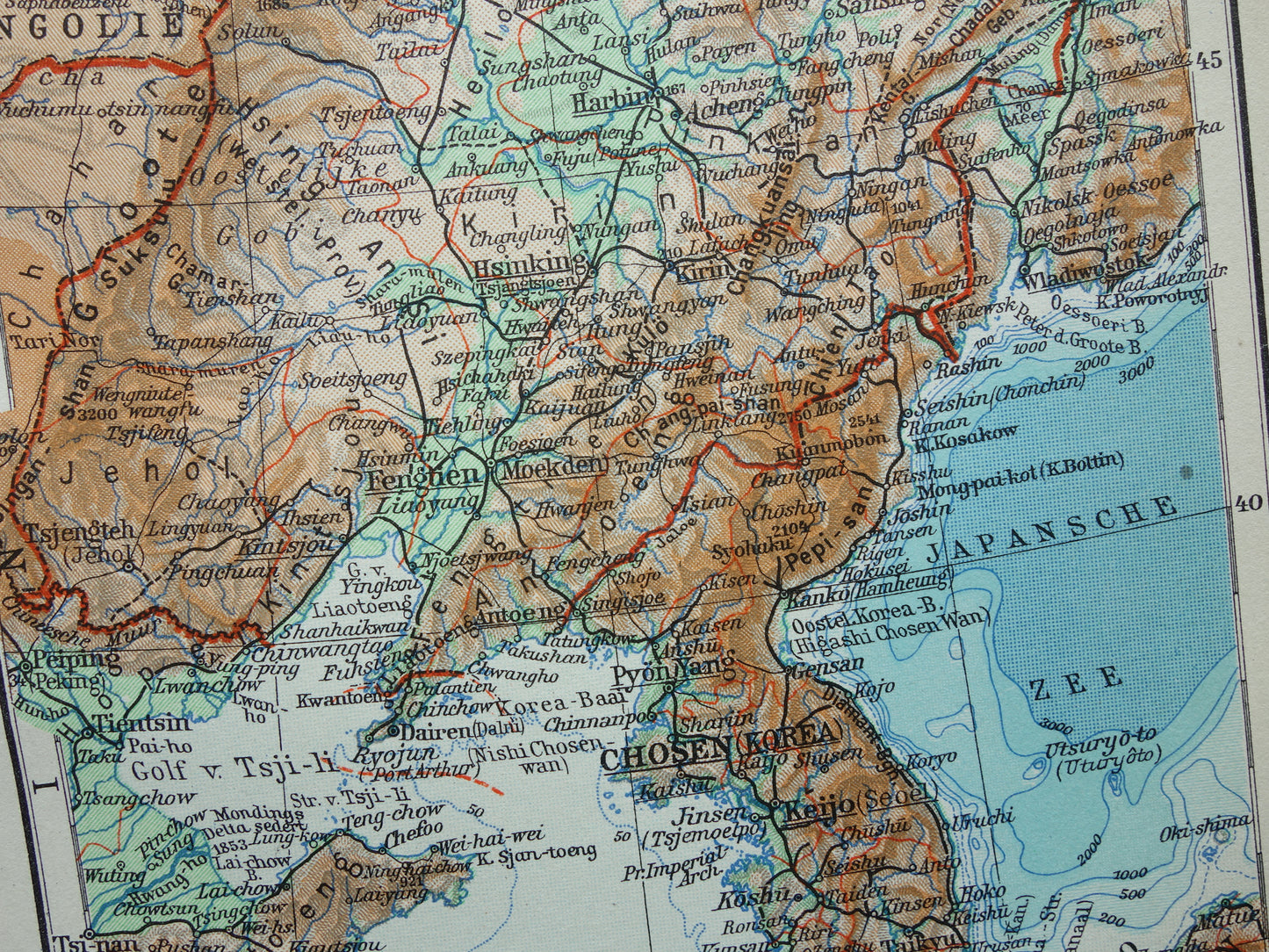Mantsjoekwo Oude kaart van Mantsjoerije Korea China uit 1936 Originele vintage Nederlandse kaart van Mandsjoekwo