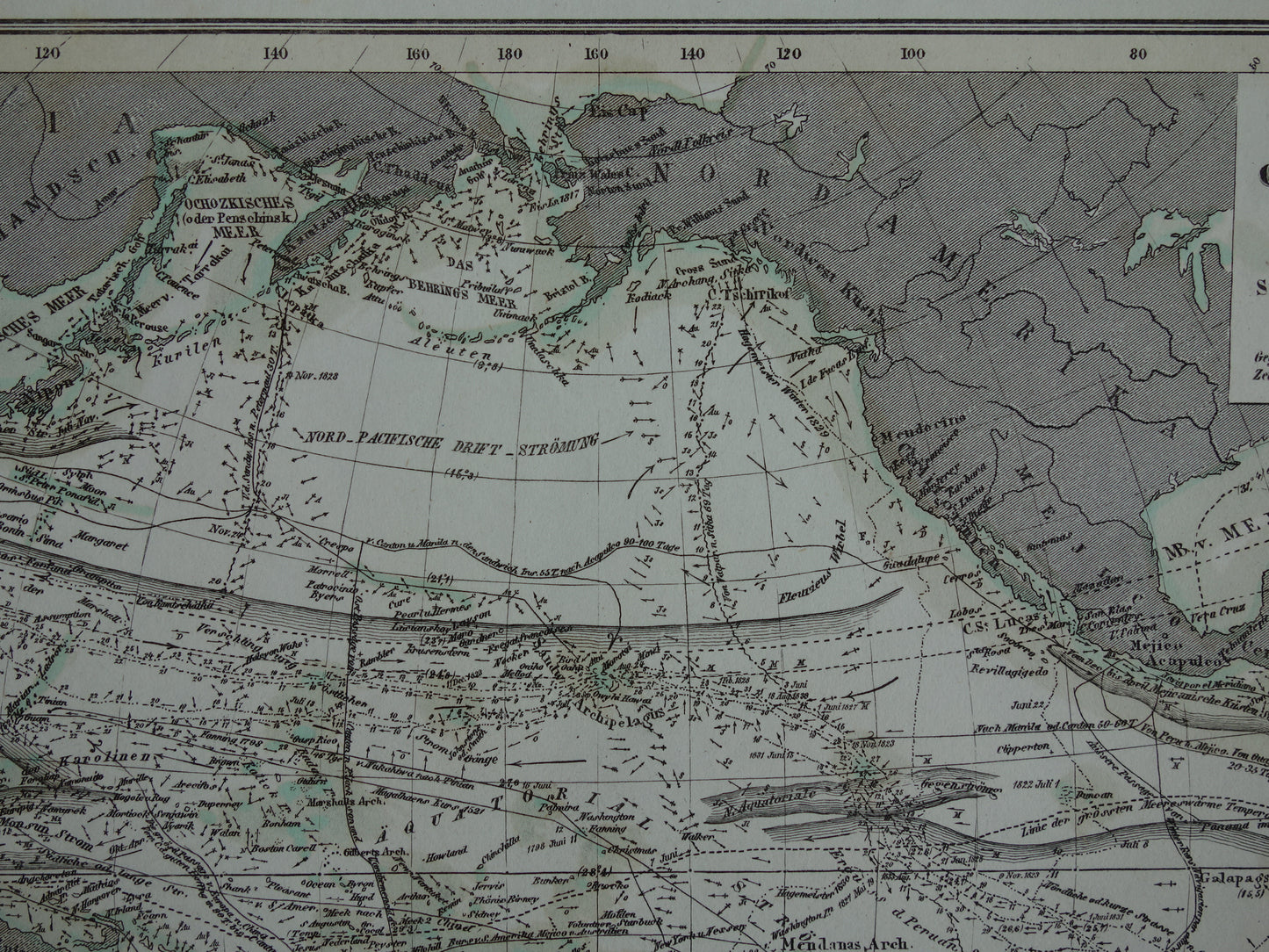 Antieke kaart van de Grote Oceaan Originele 170+ jaar oude antieke Duitse landkaart zeekaart Stille Oceaan