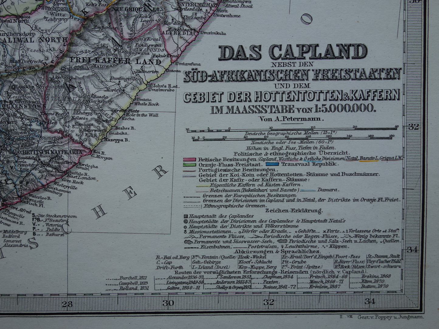 Oude landkaart van Zuid-Afrika in 1878 Grote originele 145+ jaar antieke kaart van Oranje Vrijstaat Namibië Botswana Kaapland Transvaal