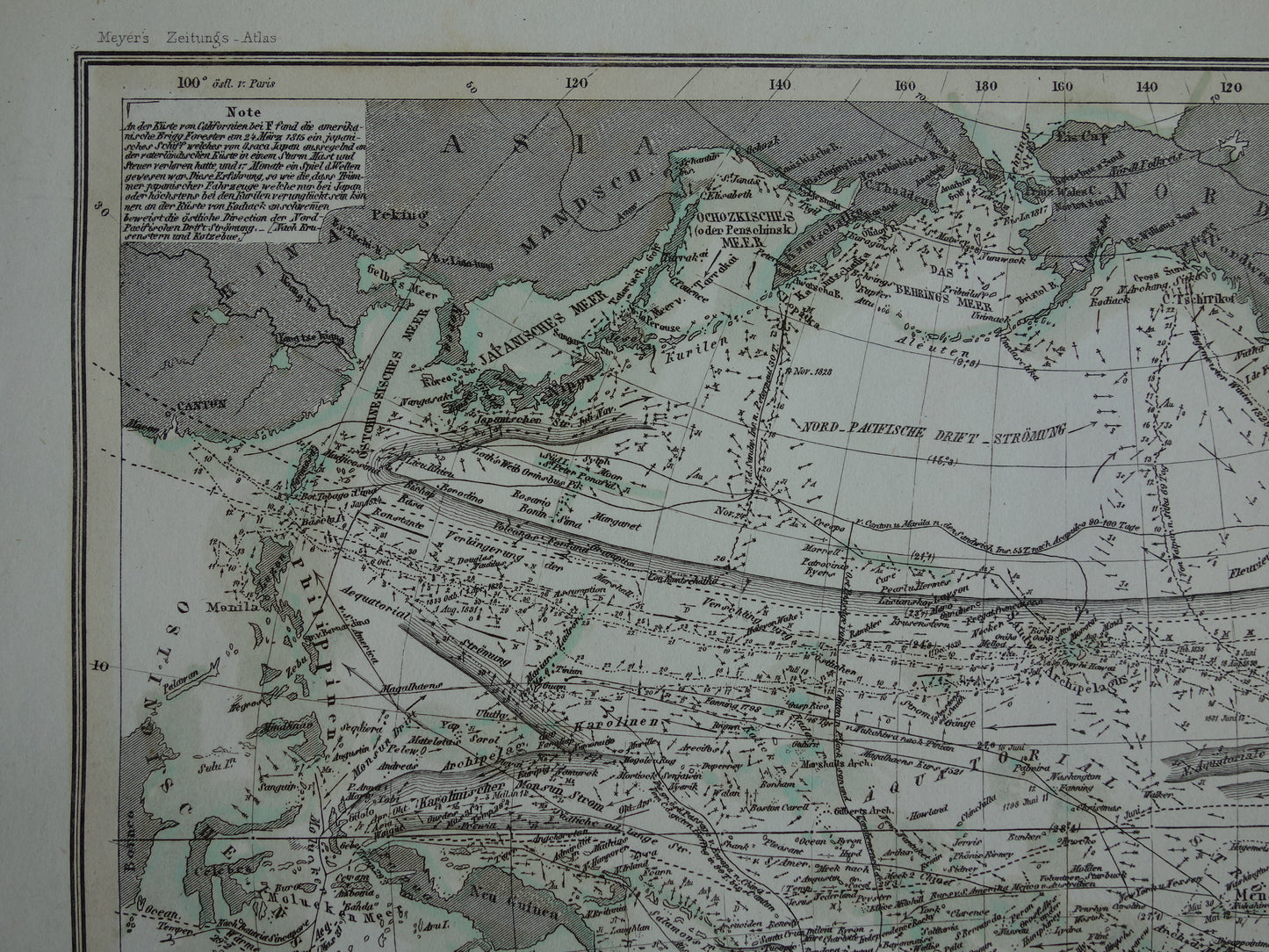Antieke kaart van de Grote Oceaan Originele 170+ jaar oude antieke Duitse landkaart zeekaart Stille Oceaan