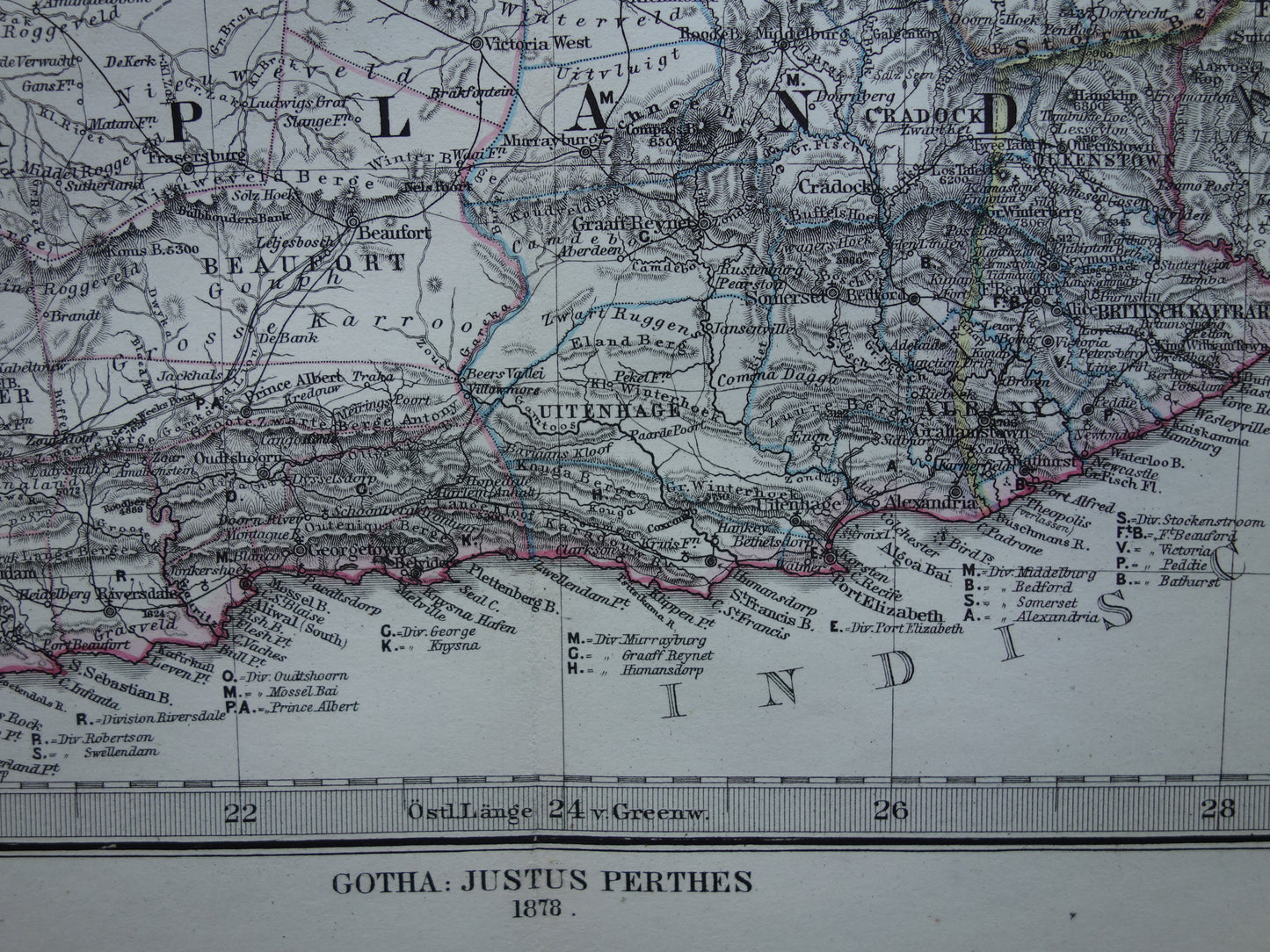 Oude landkaart van Zuid-Afrika in 1878 Grote originele 145+ jaar antieke kaart van Oranje Vrijstaat Namibië Botswana Kaapland Transvaal