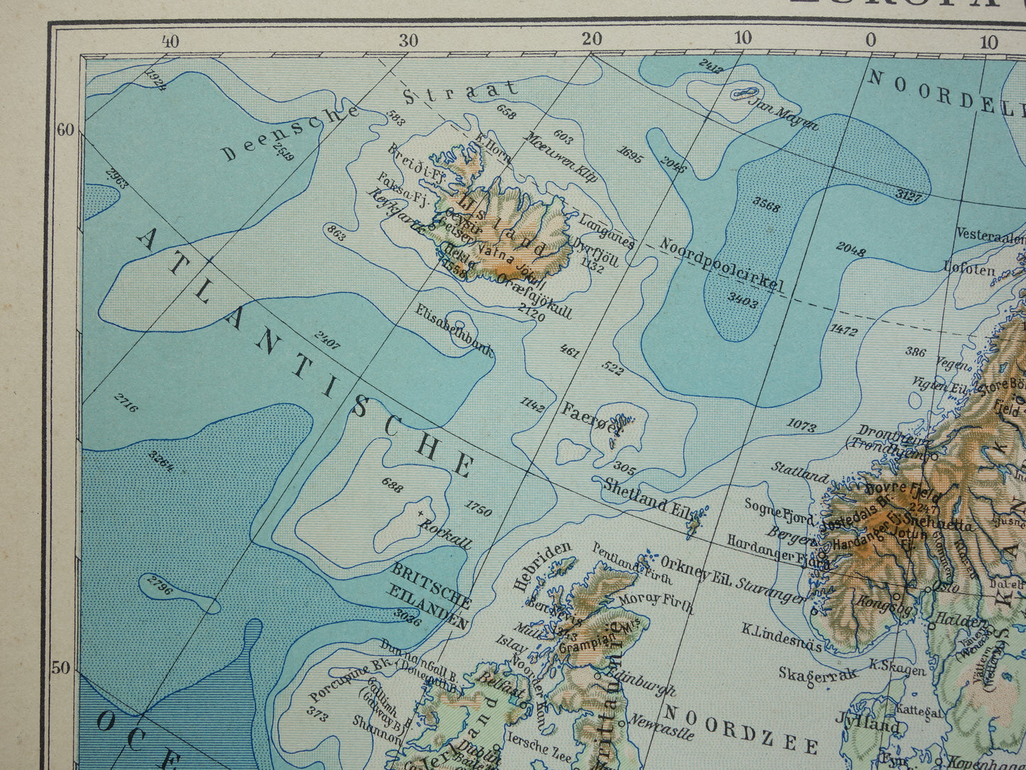 EUROPA Alte physische Landkarte Europas aus dem Jahr 1935 Original niederländische Vintage-Karte Berge Flüsse Geologie Höhenkarte