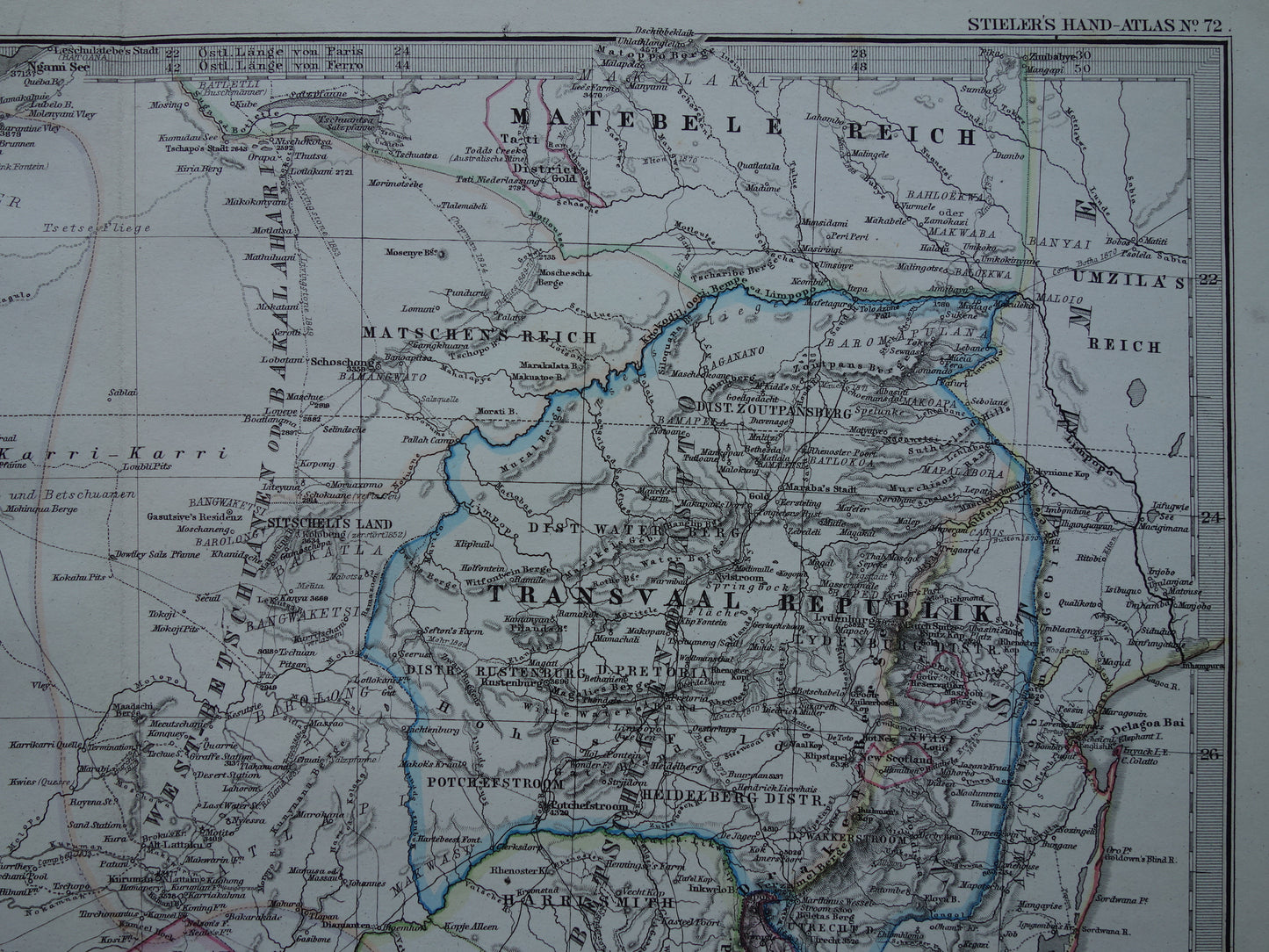 Oude landkaart van Zuid-Afrika in 1878 Grote originele 145+ jaar antieke kaart van Oranje Vrijstaat Namibië Botswana Kaapland Transvaal