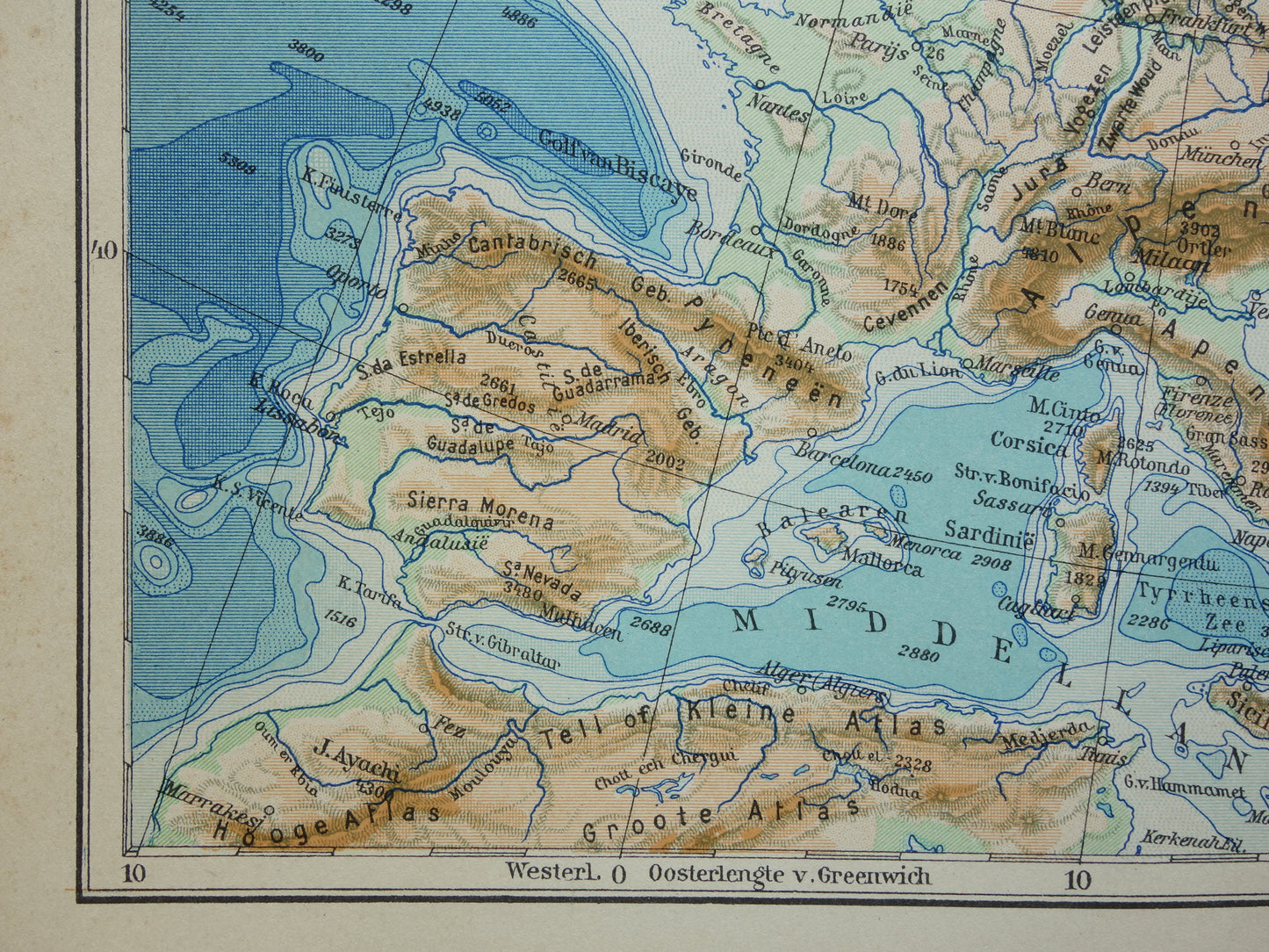 EUROPA Alte physische Landkarte Europas aus dem Jahr 1935 Original niederländische Vintage-Karte Berge Flüsse Geologie Höhenkarte