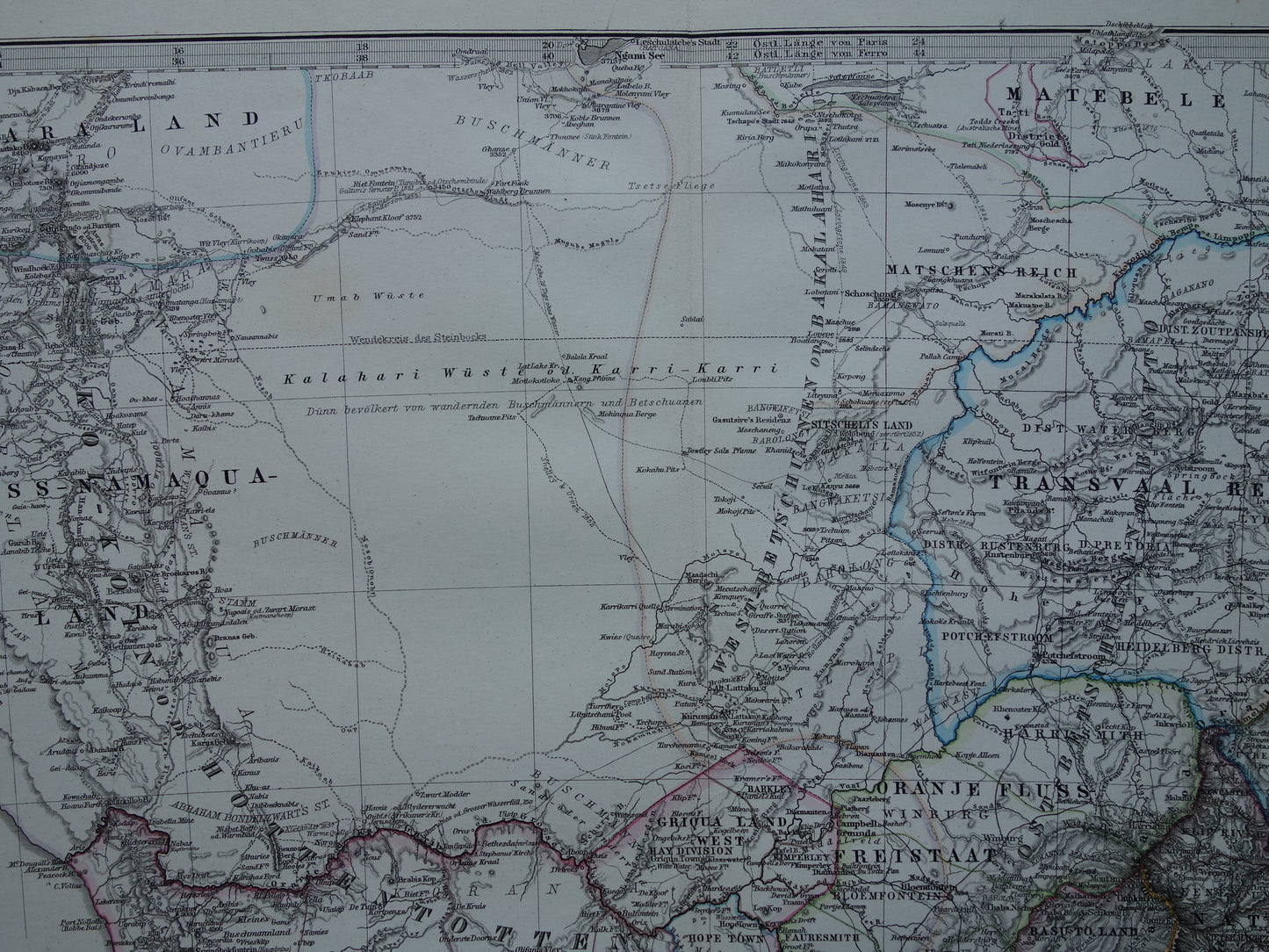 Oude landkaart van Zuid-Afrika in 1878 Grote originele 145+ jaar antieke kaart van Oranje Vrijstaat Namibië Botswana Kaapland Transvaal