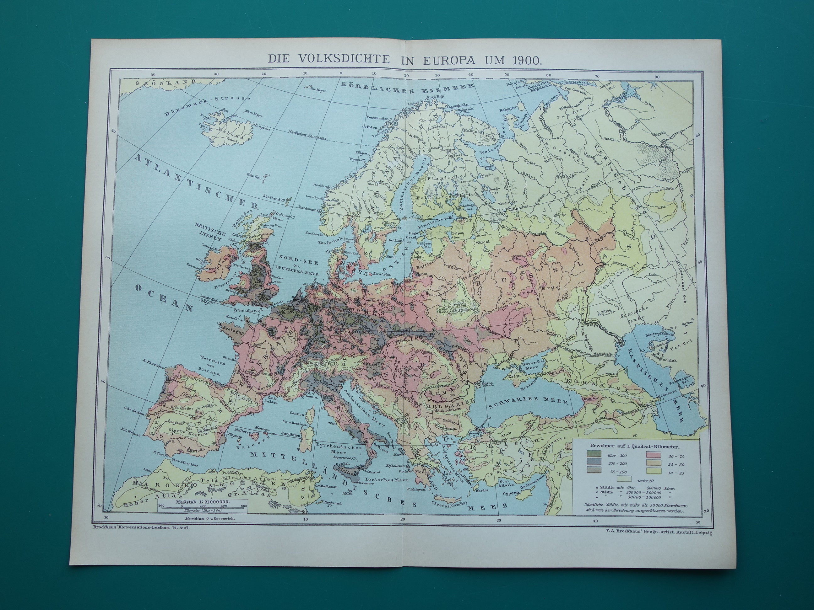 Old map Population Density of Europe from the year 1902 antique Themat ...