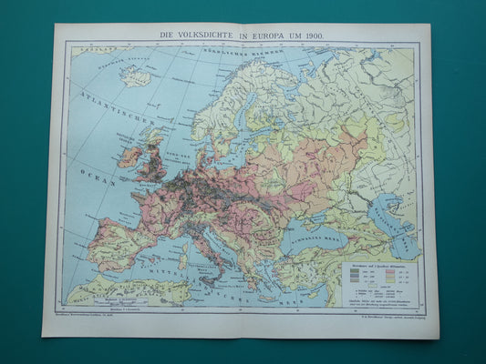 Oude kaart Bevolkingsdichtheid van Europa uit het jaar 1902 antieke Thematische landkaart 