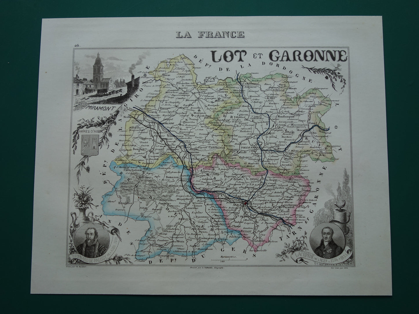 Lot-et-Garonne Frankrijk oude kaart uit 1856 originele antieke handgekleurde landkaart departement Miramont Agen