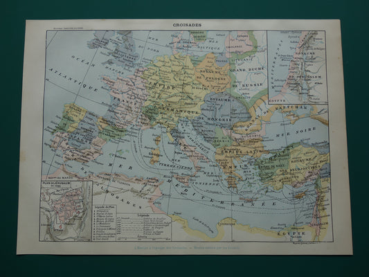 KRUISTOCHTEN Oude kaart van Europa Palestina - Vintage landkaart kruistocht routes Jeruzalem - originele historische kaarten