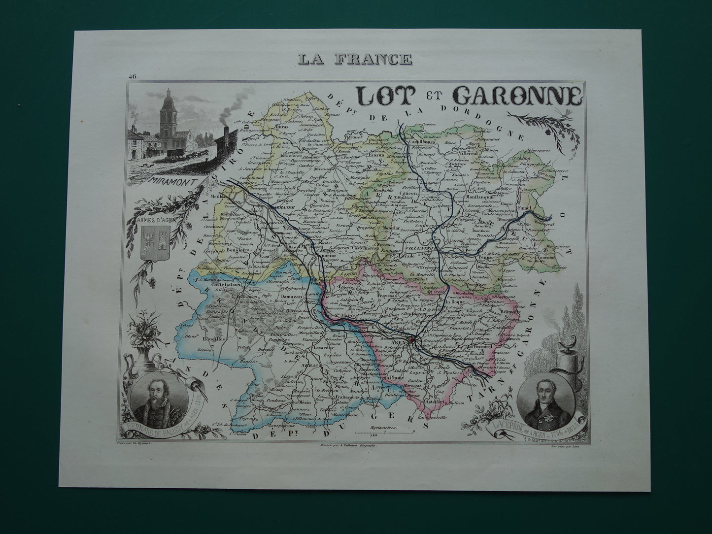 Lot-et-Garonne Frankrijk oude kaart uit 1856 originele antieke handgekleurde landkaart departement Miramont Agen