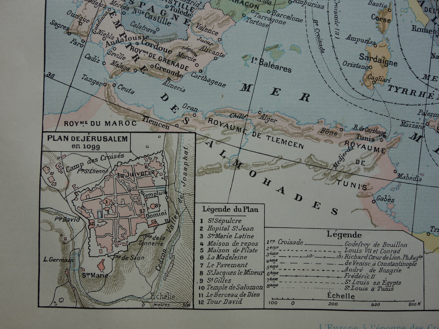 KRUISTOCHTEN Oude kaart van Europa Palestina - Vintage landkaart kruistocht routes Jeruzalem - originele historische kaarten