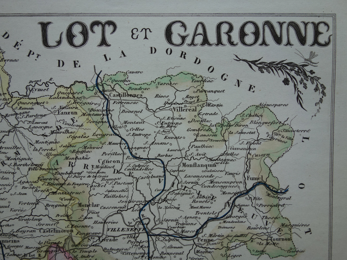 Lot-et-Garonne Frankrijk oude kaart uit 1856 originele antieke handgekleurde landkaart departement Miramont Agen