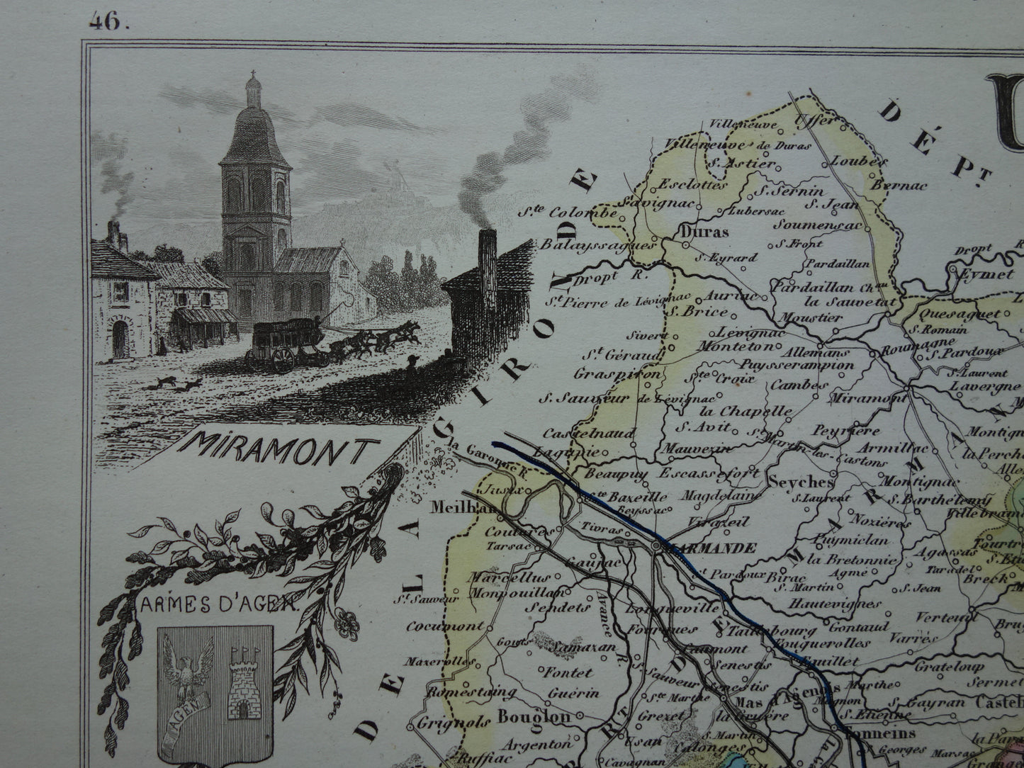 Lot-et-Garonne Frankrijk oude kaart uit 1856 originele antieke handgekleurde landkaart departement Miramont Agen