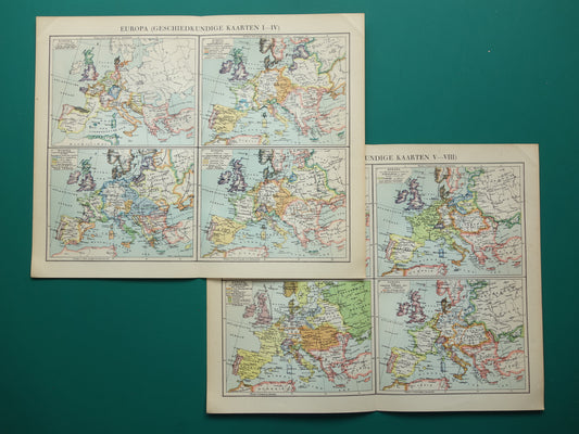 Geschiedenis van Europa in oude kaarten - set van 2 prenten met 8 x historische kaart - landkaart Napoleon 1789 1815