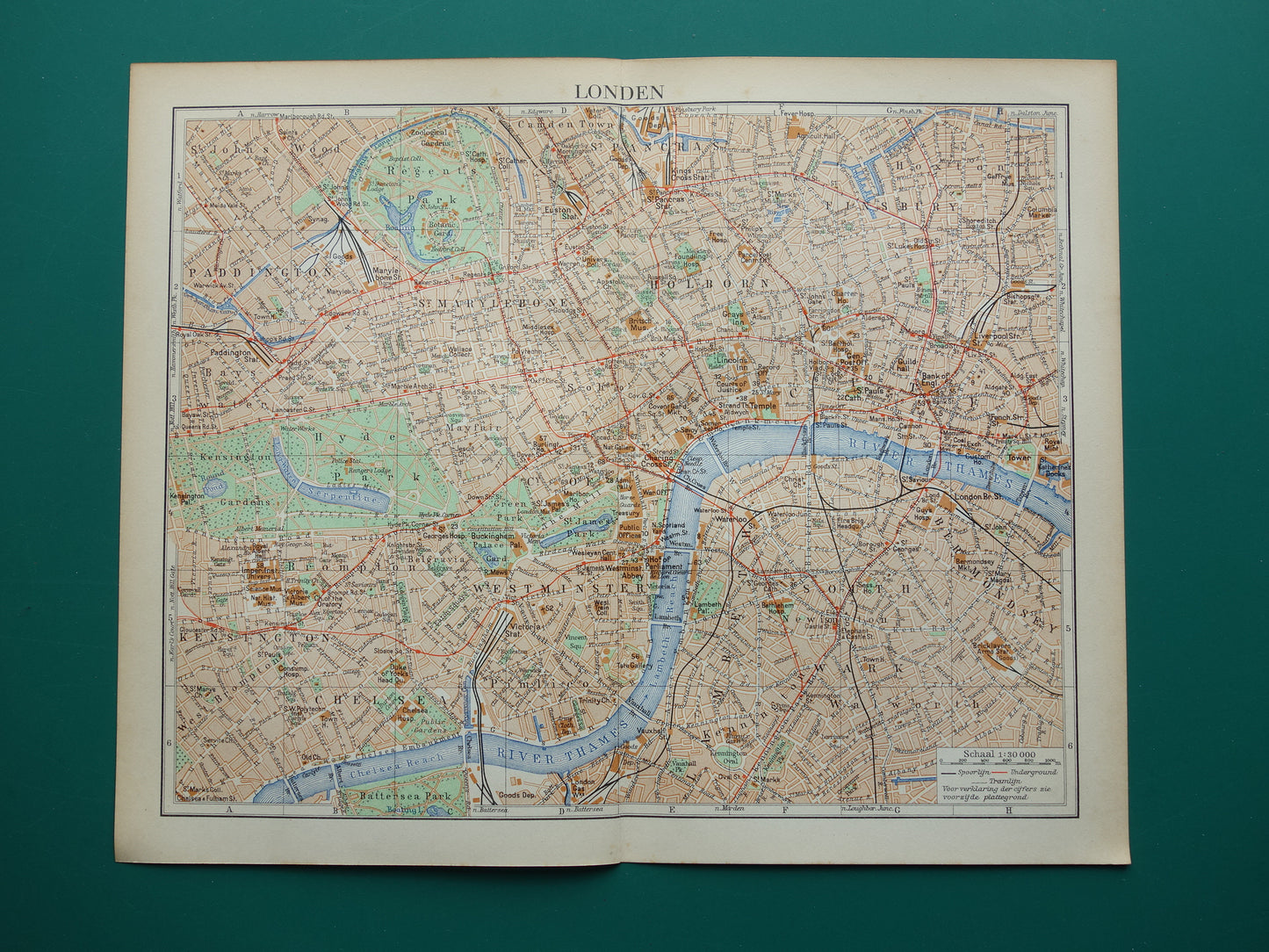 LONDEN oude plattegrond uit 1936 originele Nederlandse antieke kaart van centrum Londen City Westend Westminster