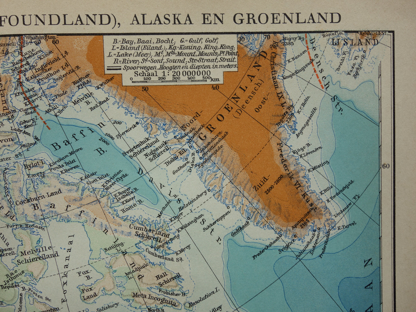 Alte Karte von Kanada, Grönland und Alaska, original niederländische Vintage-Landkarte aus den 1930er Jahren