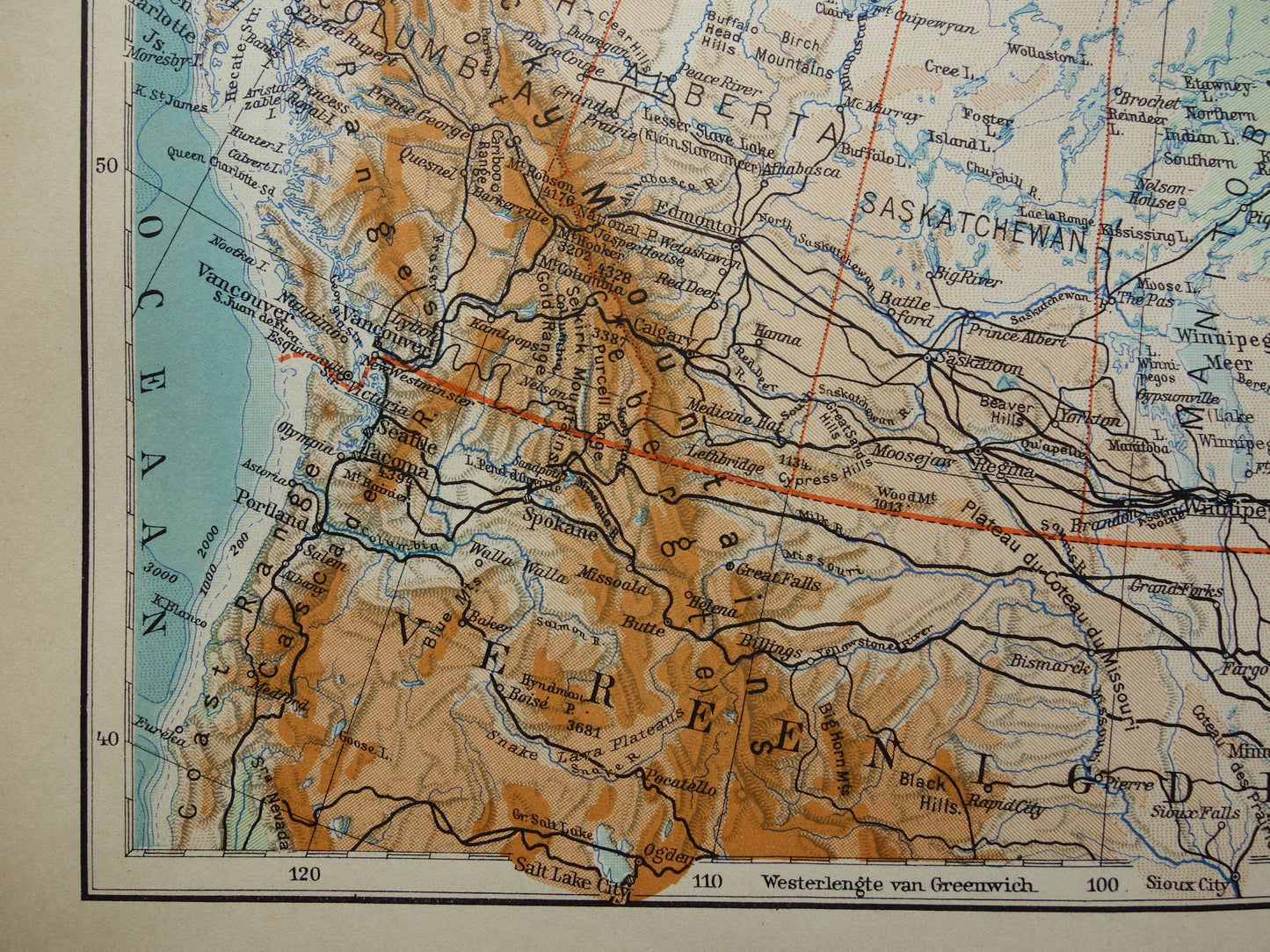 Alte Karte von Kanada, Grönland und Alaska, original niederländische Vintage-Landkarte aus den 1930er Jahren