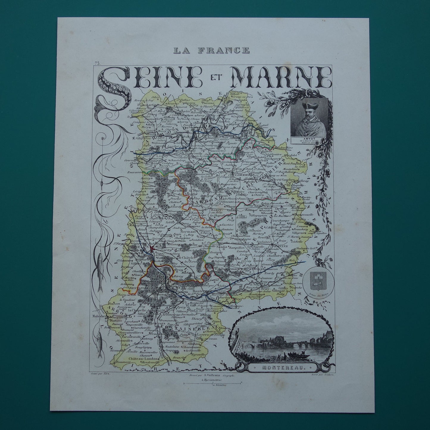 Oude kaart Seine et Marne departement in Frankrijk uit 1851 originele antieke handgekleurde landkaart Montereau