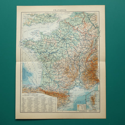 FRANKRIJK Oude Nederlandse kaart van Frankrijk uit 1935 originele vintage landkaart hoogtekaart