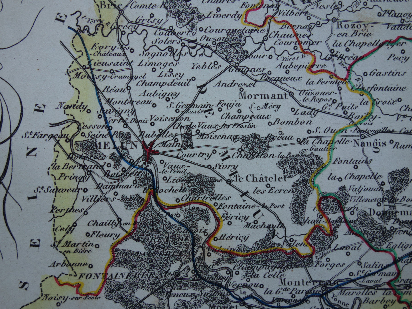 Oude kaart Seine et Marne departement in Frankrijk uit 1851 originele antieke handgekleurde landkaart Montereau